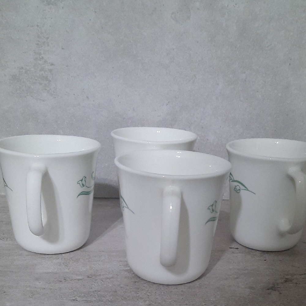 4 Pc Vintage Corelle By Corning Emily Pattern White Mugs with Green Leaf Design. - Picture 3 of 9